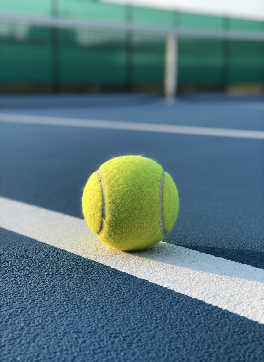 A close-up, photographic realism image of a bright yellow tennis ball resting precisely on a clean white baseline of a deep blue hard court. The textured felt of the ball is sharply detailed, with subtle wear suggesting frequent practice. Soft late-afternoon natural light falls from the left, creating a gentle shadow that extends across the painted line and highlighting the court’s fine surface granularity. The background fades into a smooth bokeh of green windscreen and net, suggesting a professional facility without distraction. Shot at a low, eye-level angle with shallow depth of field, the composition places the ball on the lower third, conveying focus, calm determination, and the idea of foundational, baseline wellness and performance.