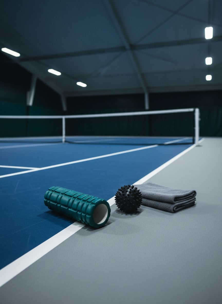 A dimly lit, photographic realism close-up of a foam roller and massage ball setup on the sideline of an indoor tennis court, emphasizing recovery techniques. The dark blue court surface transitions into a light gray rubberized sideline where a deep teal foam roller, a textured black massage ball, and a neatly folded gray microfiber towel are arranged in a deliberate line. Overhead LED court lights create a cool, even illumination with soft reflections on the roller’s surface and subdued shadows beneath each object. In the distance, out of focus, the baseline and net are visible. The composition is low-angle, with a shallow depth of field, creating a professional, slightly dramatic atmosphere that highlights the importance of structured recovery work in high-level wellness coaching.