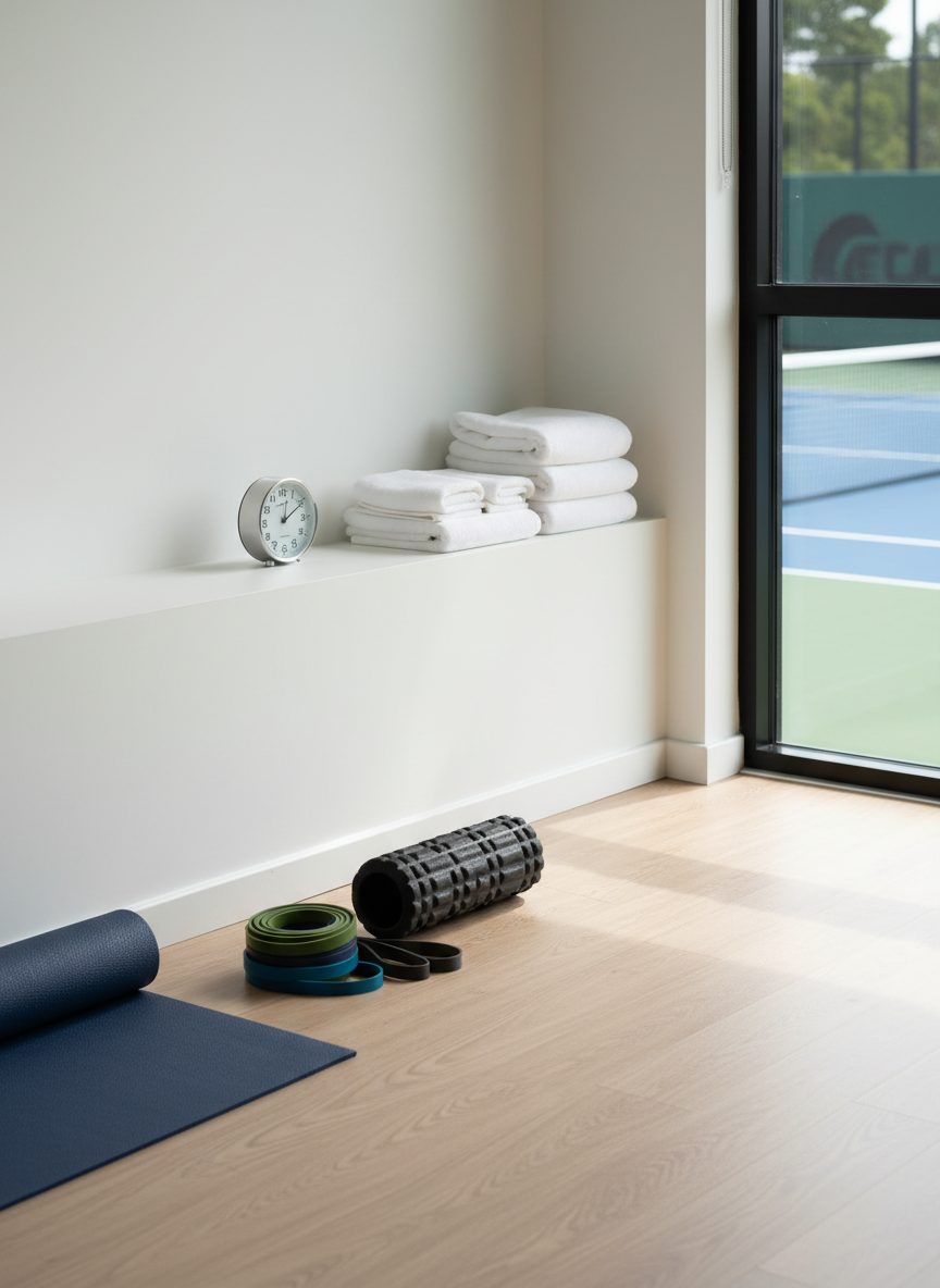 A serene recovery and stretching corner adjacent to a tennis court, rendered in clean, photographic realism. A dark charcoal foam roller, neatly stacked resistance bands in muted greens and blues, and a rolled navy yoga mat sit on a smooth, light wood floor. Along the wall, a simple white shelf holds neatly folded towels and a small analog timer. Through a large interior window on the right, the blur of a green-and-blue tennis court is visible, hinting at performance training. Soft, diffused morning light enters from an unseen window, creating gentle, elongated shadows that add depth without harshness. Shot at an eye-level, wide composition, the space feels calm, professional, and purpose-built for recovery and mobility work.