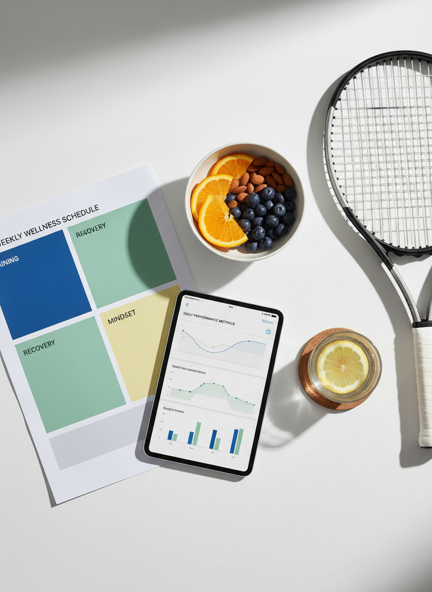 A top-down, photographic realism view of a carefully composed nutrition and performance planning scene on a matte white desk. A printed weekly wellness schedule with color-coded blocks for training, recovery, and mindset work sits beside a slim digital tablet displaying a heart-rate and sleep-tracking dashboard. Nearby, a white ceramic bowl holds sliced oranges, almonds, and blueberries, while a clear glass of water with lemon rests on a cork coaster. A tennis racket with a fresh white grip peeks in from the edge, tying the scene to performance. Soft, indirect daylight from the top casts subtle shadows along the paper edges, creating a clean, modern, and focused atmosphere that emphasizes intentional, balanced coaching.