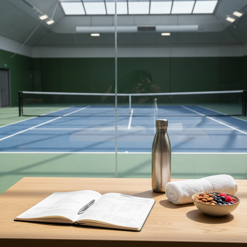 A neatly arranged wellness coaching workspace beside an indoor tennis court, captured in photographic realism. In the foreground, a light oak table holds an open notebook with handwritten training plans, a sleek stainless-steel water bottle with condensation, a folded white towel, and a small bowl of mixed nuts and fresh berries. Behind the table, through a glass barrier, a pristine blue tennis court and taut white net are visible, slightly out of focus. Bright but diffused daylight streams from overhead skylights, creating soft reflections on the glass and gentle shadows on the table. Shot from a slightly elevated angle with balanced composition, the mood is professional, organized, and quietly motivating, emphasizing a holistic approach that blends planning, nutrition, and conditioning.